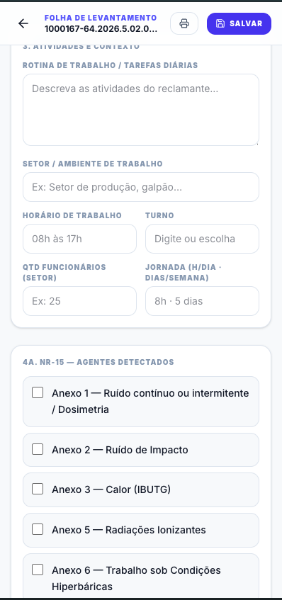 Folha de levantamento aberta no celular durante uma vistoria