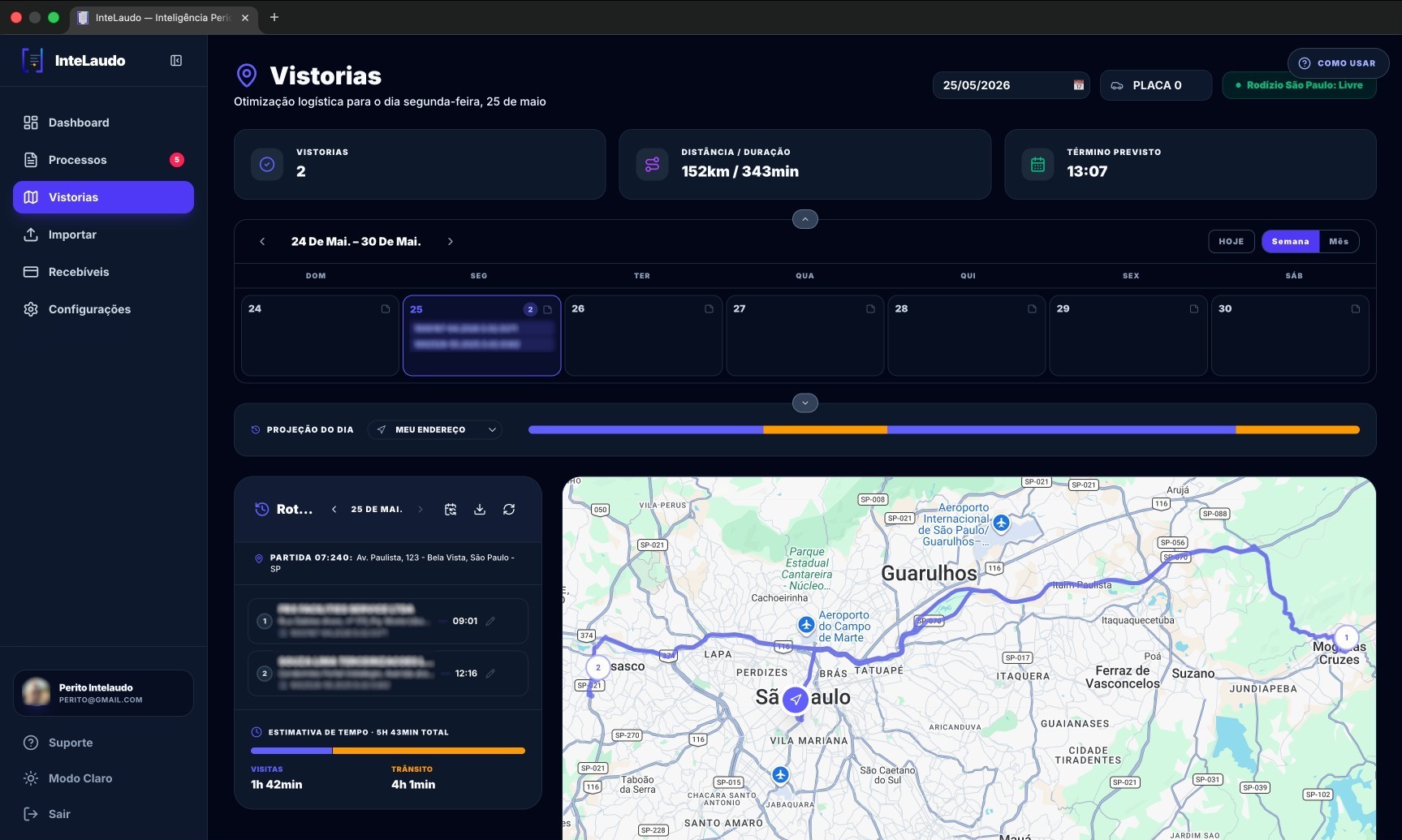 Tela do InteLaudo: dashboard com processos, vistorias e assistente